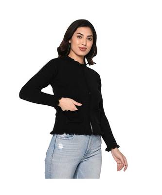 Fabnest women winter acrylic black cardigan with pockets and frill detail 3