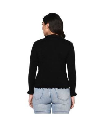 Fabnest women winter acrylic black cardigan with pockets and frill detail 4