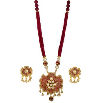Piah Fashion Charming 
Gold  Plated  Brass Kundan  Marron Minnakari  With Pearl Necklace Set For Women & Girls 1