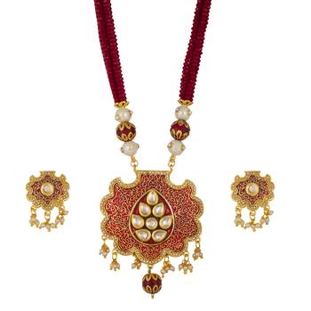 Piah Fashion Charming 
Gold  Plated  Brass Kundan  Marron Minnakari  With Pearl Necklace Set For Women & Girls 2