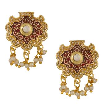 Piah Fashion Charming 
Gold  Plated  Brass Kundan  Marron Minnakari  With Pearl Necklace Set For Women & Girls 4