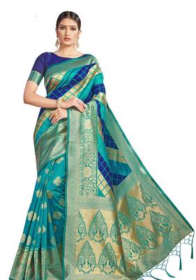 Aqua Blue Woven Art Silk  Saree With Blouse 1