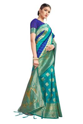 Aqua Blue Woven Art Silk  Saree With Blouse 2
