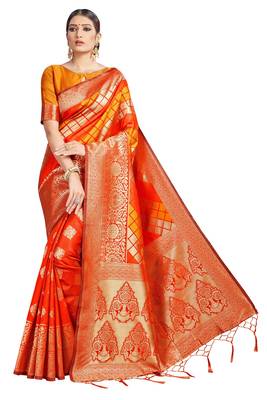 Orange Woven Silk Blend Saree With Blouse 1