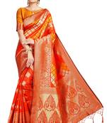Orange Woven Silk Blend Saree With Blouse