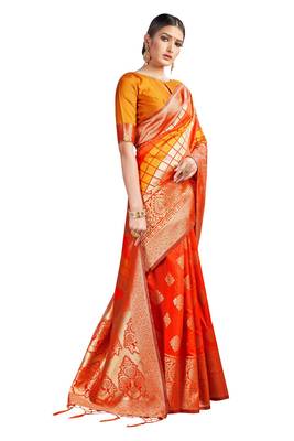 Orange Woven Silk Blend Saree With Blouse 2