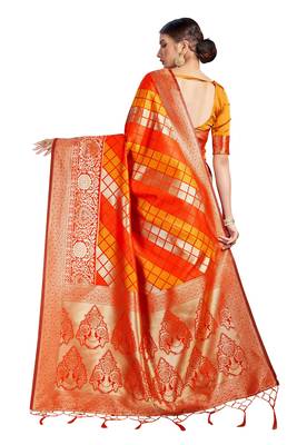 Orange Woven Silk Blend Saree With Blouse 3