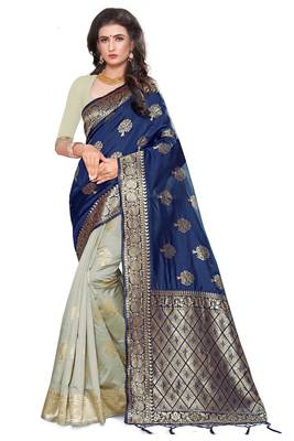 Navy blue woven silk saree with blouse 1