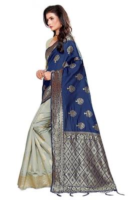 Navy blue woven silk saree with blouse 2