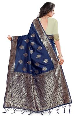 Navy blue woven silk saree with blouse 3