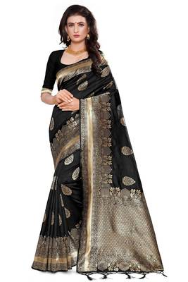 Black Woven Silk Blend Saree With Blouse 1