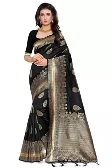 Black Woven Silk Blend Saree With Blouse
