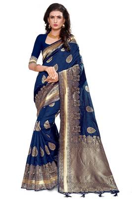 Blue Woven Silk Blend Saree With Blouse 1