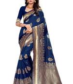 Blue Woven Silk Blend Saree With Blouse