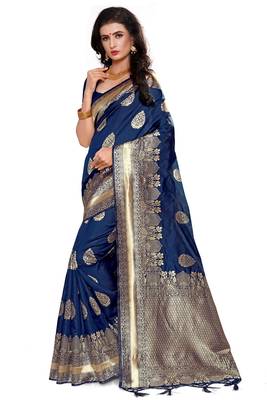 Blue Woven Silk Blend Saree With Blouse 2
