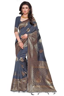 Grey Woven Silk Blend Saree With Blouse 2