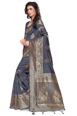 Grey Woven Silk Blend Saree With Blouse 3