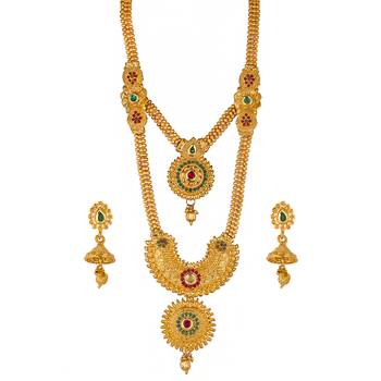 ?Piah fashion marvelous Gold Plated Traditional Long two step heart shape  Necklace Set For Womens And Girls 1