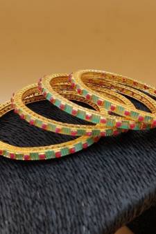 Gold Plated With Green Meenakari Painted Bangles Set of 4 For Women