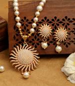 Long Moti haar Necklace Set With Flower Pendant studded with pearl For Womens