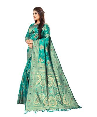 teal green  art silk with  zari work  sarees 1