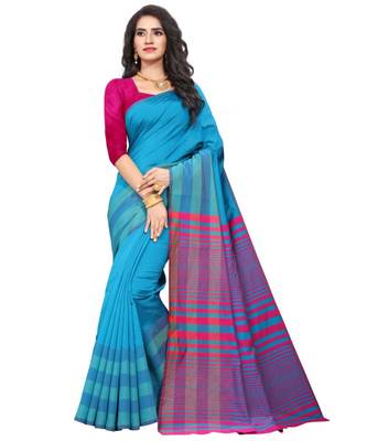Blue Cotton Silk Stripes Print Saree With Blouse For Women 1
