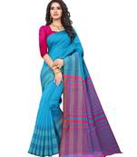 Blue Cotton Silk Stripes Print Saree With Blouse For Women