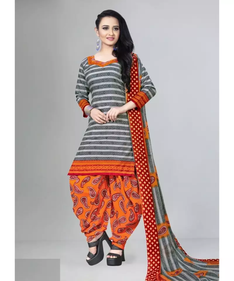 grey unstitched printed cotton dress material