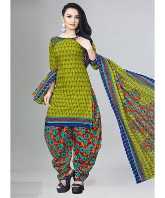 green unstitched printed cotton dress material 1