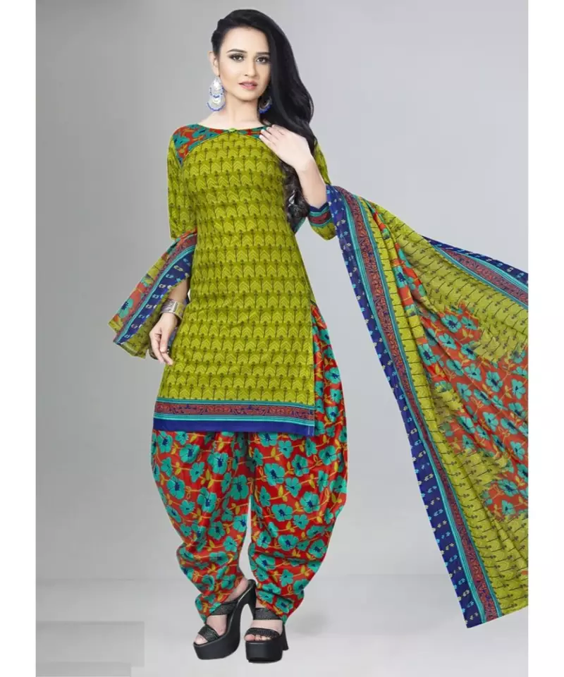 green unstitched printed cotton dress material