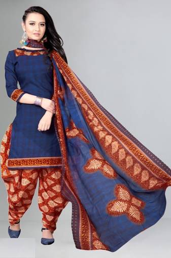 blue unstitched cotton printed dress material