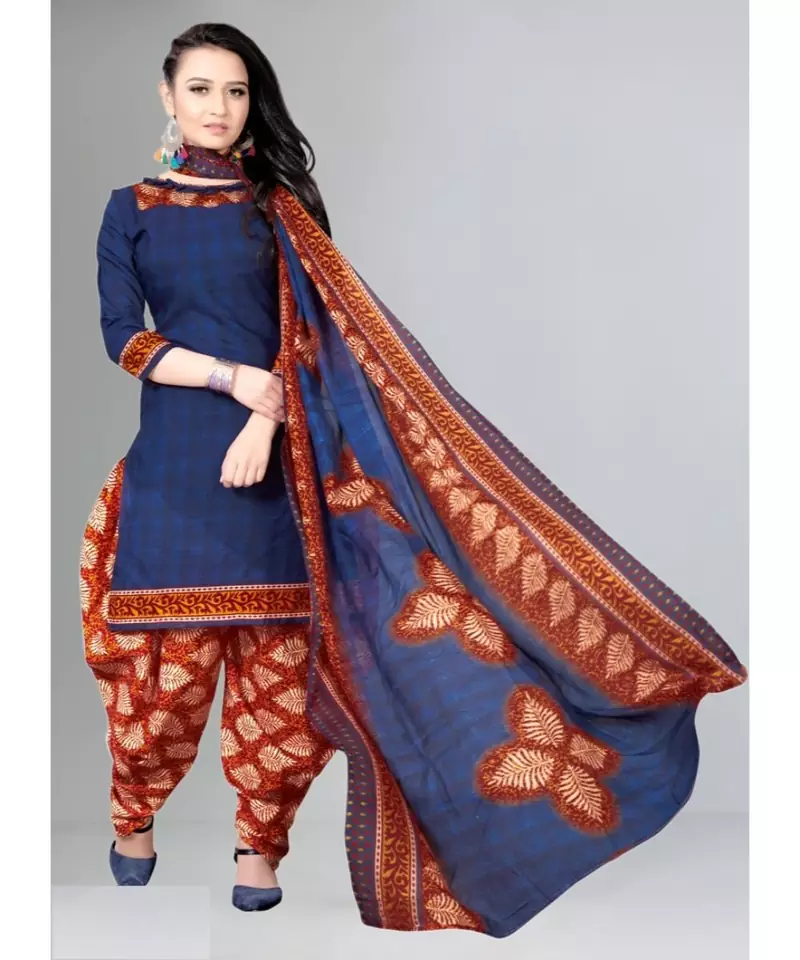 blue unstitched cotton printed dress material