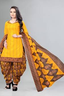 yellow unstitched cotton printed dress material