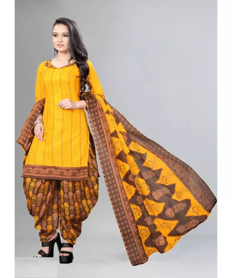 yellow unstitched cotton printed dress material