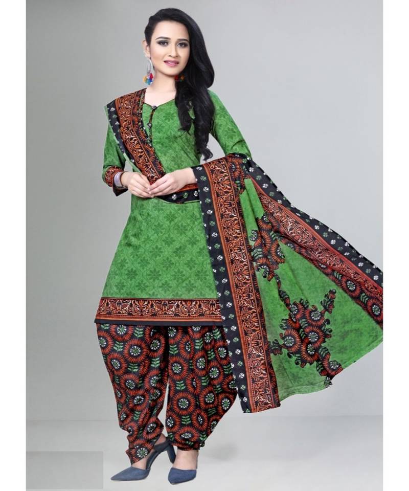 green unstitched cotton printed dress material