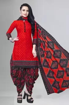 red unstitched cotton printed dress material