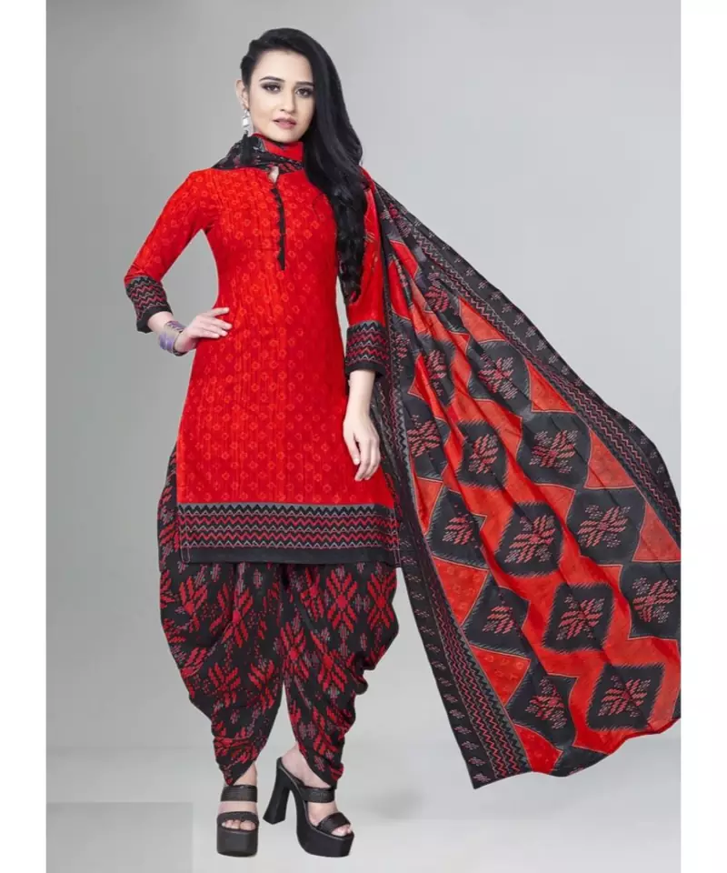 red unstitched cotton printed dress material