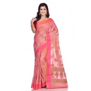 Pink woven organza saree with blouse 1