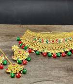 Gold Plated Multicolour stone Studded Traditional Choker Necklace Set For Women