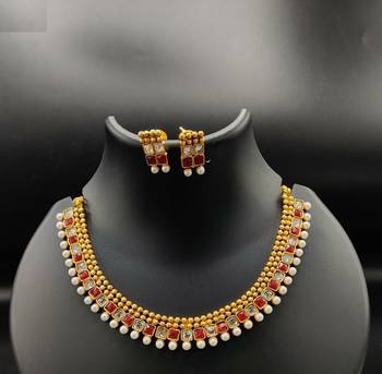 Gold Plated Red and White Stone Studded Necklace Set 1