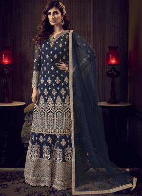 Navy Blue Net Embroidery Sharara Style Suit 1