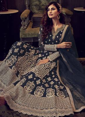 Navy Blue Net Embroidery Sharara Style Suit 2