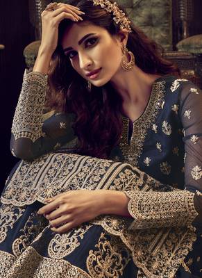 Navy Blue Net Embroidery Sharara Style Suit 3