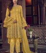 Yellow Net Embroidery Pant Style Suit