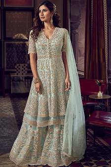 Baby Blue Net Embroidery Sharara Style Suit