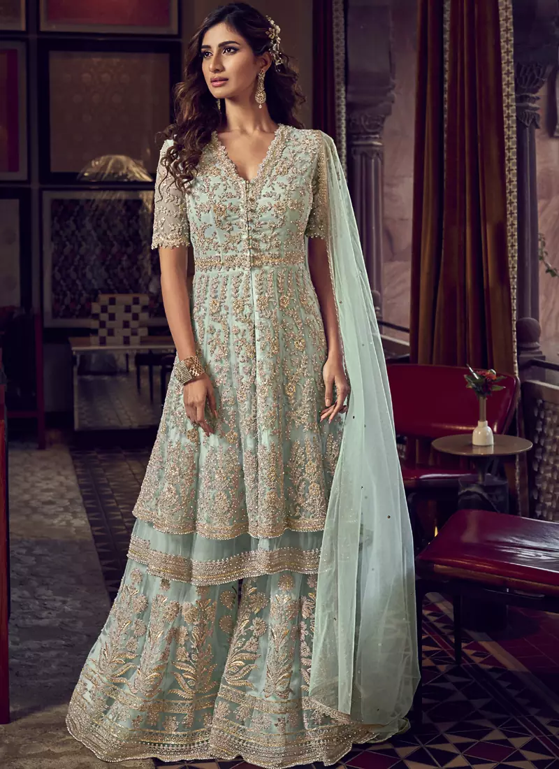 Baby Blue Net Embroidery Sharara Style Suit