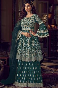 Teal Blue Net Embroidery Sharara Style Suit