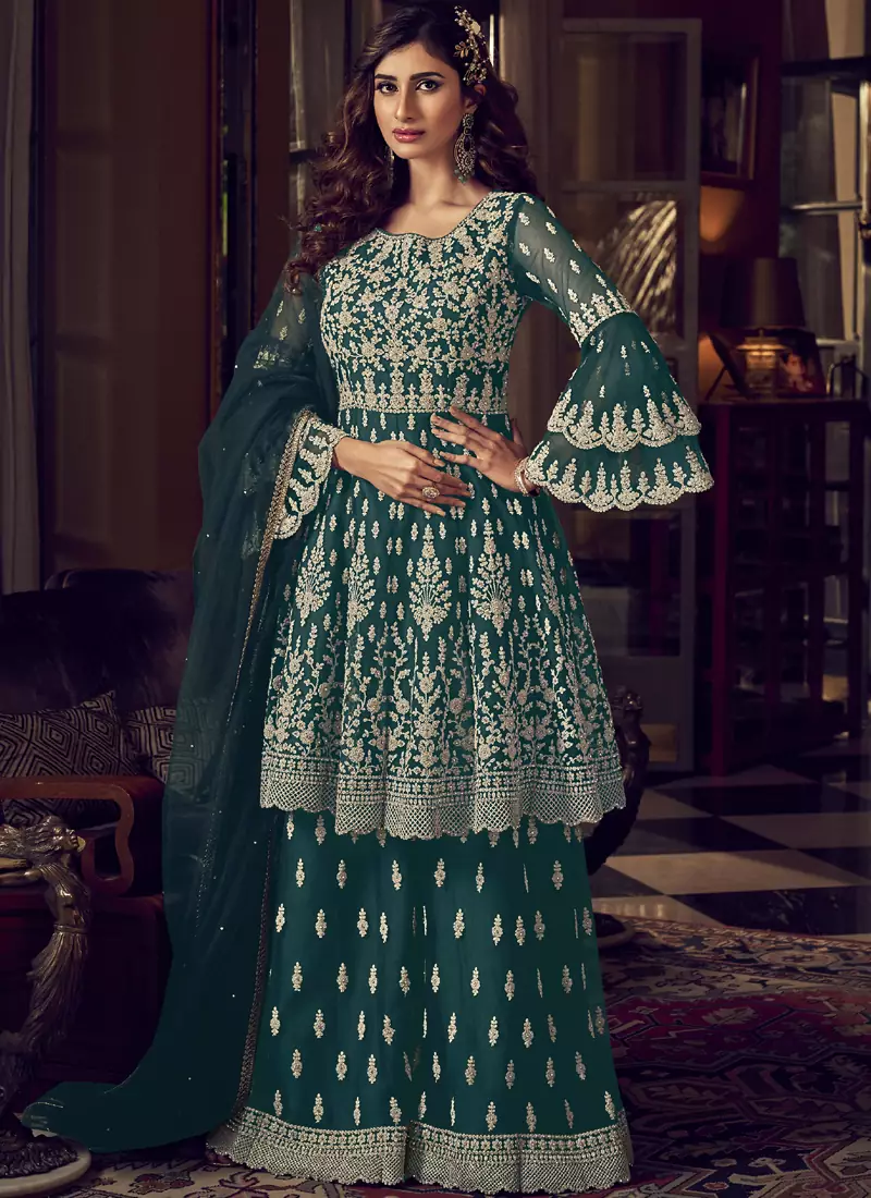 Teal Blue Net Embroidery Sharara Style Suit