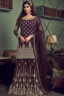 Wine Net Embroidery Sharara Style Suit