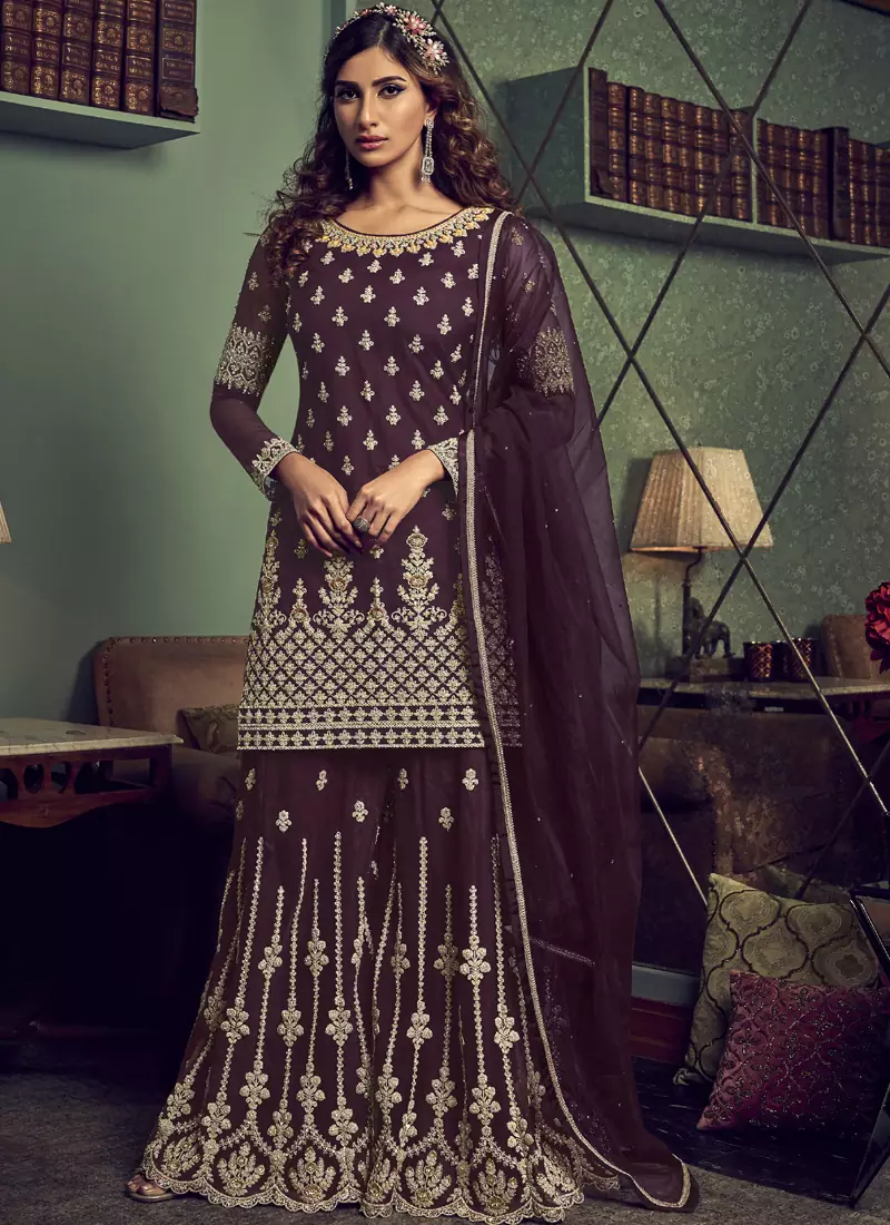 Wine Net Embroidery Sharara Style Suit